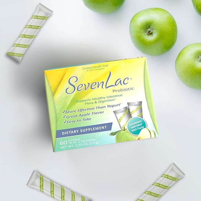 Global Health Trax SevenLac Apple Probiotic Powder Drink Mix, Probiotics for Women, Men, and Kids – Smooth Digestive Support - Relieves Constipation and Gas – 60 Packets, 2.54 Oz, Non-GMO, Gluten-Free