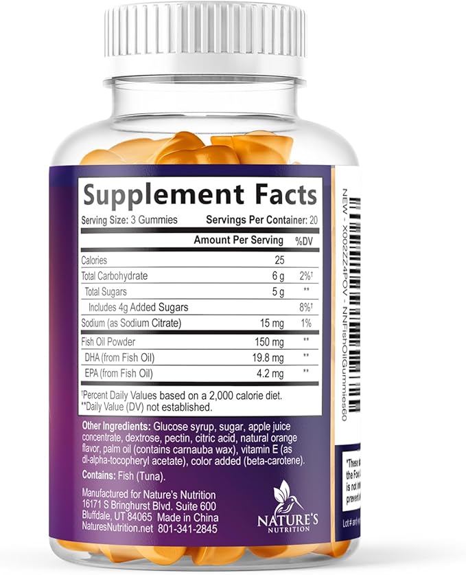 Omega 3 Fish Oil Gummies - 3X Strength Heart Health Support, High Absorption Omega 3 Fish Oil Gummy Supplement with DHA & EPA, Joint & Brain Support for Adults, Delicious Orange Flavor- 60 Gummies