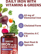 Iron Supplement for Women & Men, 65mg Ferrous Bisglycinate Chelate, Slow Release Iron with Vitamins A C E B6, B12, Folate, Organic Spinach & Beet Root Powder, for Blood Flow & Energy Support, 60 Caps