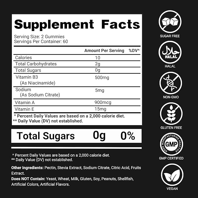Vitamin B3 Gummies Niacinamide 500mg – Flush-Free Niacin Supplement with Vitamins A & E – 120 Vegan Gummies for Adults – Non-GMO, Sugar-Free, Gluten-Free – 2-Month Supply