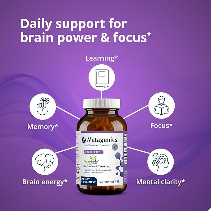 Metagenics Magnesium L-Threonate - Magtein Magnesium for Brain Health, Memory, Learning & Cognitive Support - Clinically Studied Bioavailable Form - Non-GMO, Gluten-Free, Vegan - 120 Capsules