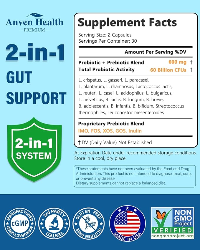 60 Billion Probiotic and Prebiotic for Women and Men - 19 Strains 5 Organic Prebiotics for Gut Digestive & Immune Health, Supports Diarrhea Gas Bloating, Non-GMO – Made in USA丨60 Caps