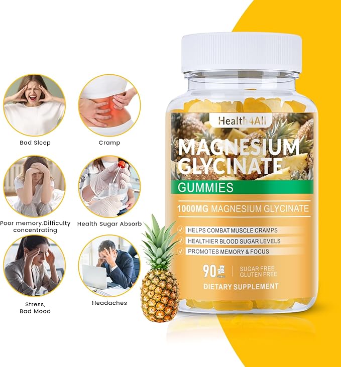 Magnesium Glycinate Gummies 1000mg, High Absorption Sugar Free Magnesium Potassium Supplement for Relaxation, Stress Relief, and Sleep Support for Adults & Kids - 180 Pineapple Gummies