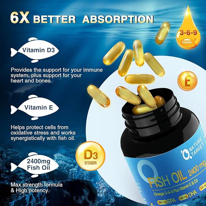 NATURE TARGET Triple Omega 3 6 9, Fish Oil 2400mg Softgels with Vitamin D3 & E - EPA & DHA & ALA - Supports Heart, Brain, Joint & Immune Health, Sustainably Sourced, Non-GMO