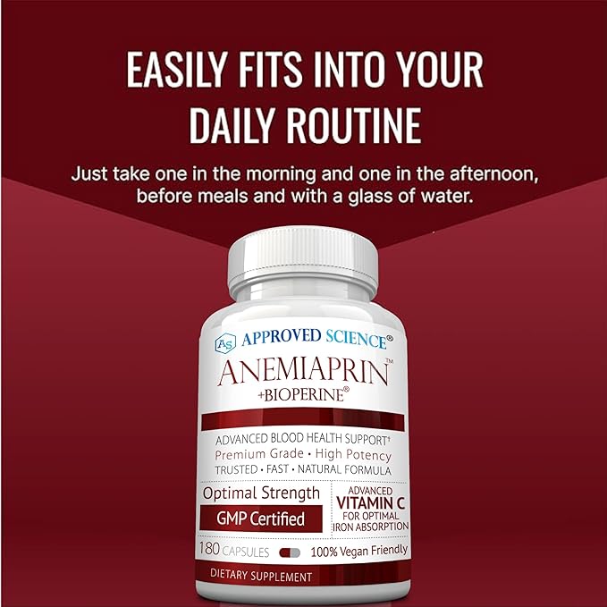 Approved Science Anemiaprin - Absorbable Iron, Vitamin C - Gentle On Stomach - 180 Capsules - 3 Month Supply - Non-GMO, Vegan