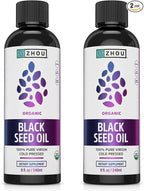 ZHOU Organic Black Seed Oil - Black Cumin Seed Oil Cold Pressed, Nigella Sativa, Pure Unrefined Blackseed Liquid, Premium Supplement for Health with Thymoquinone, Omega 3 6 9-8 Fl Oz (Pack of 2)