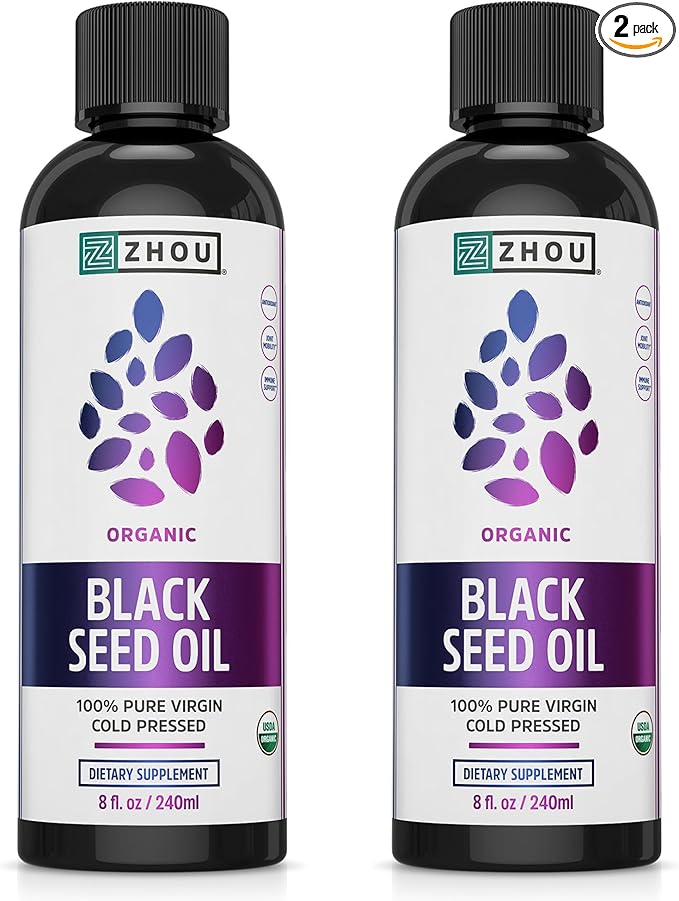 ZHOU Organic Black Seed Oil - Black Cumin Seed Oil Cold Pressed, Nigella Sativa, Pure Unrefined Blackseed Liquid, Premium Supplement for Health with Thymoquinone, Omega 3 6 9-8 Fl Oz (Pack of 2)