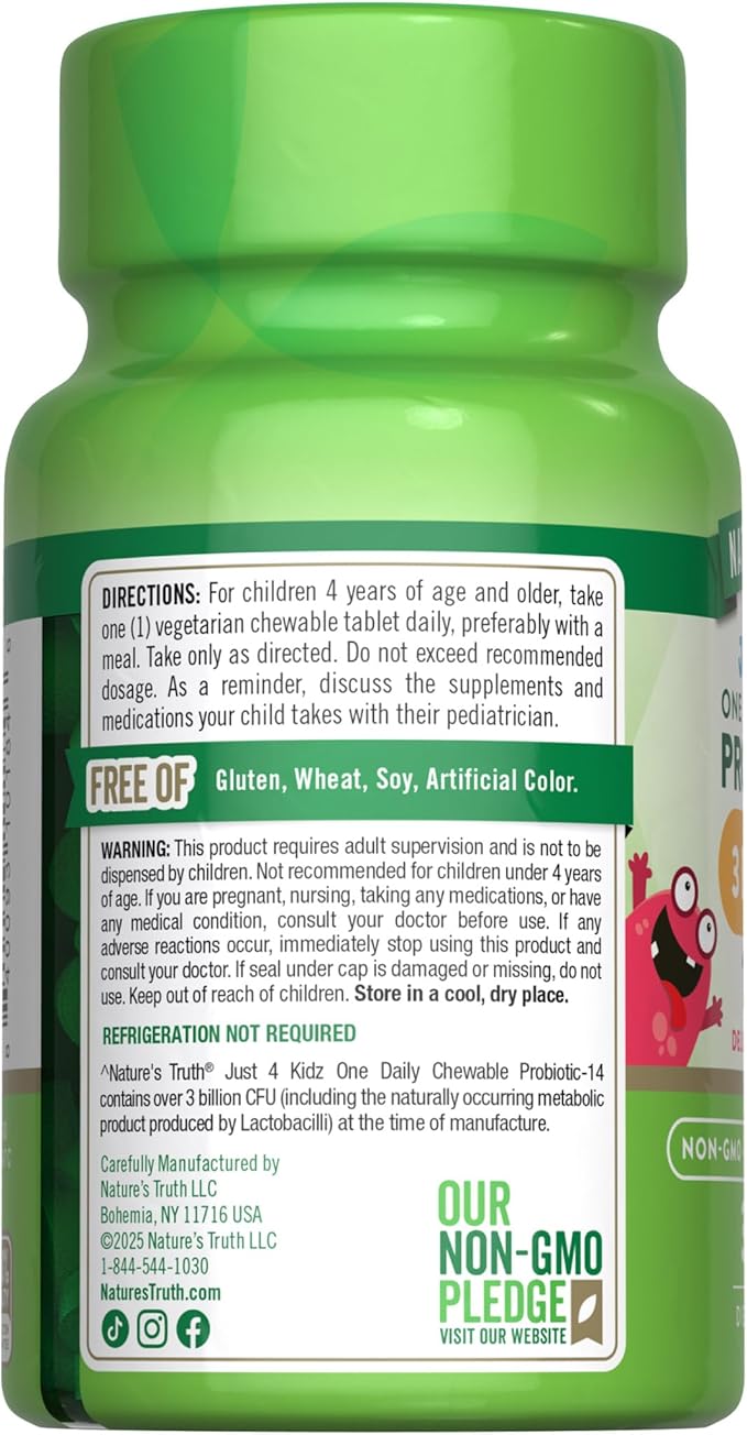Nature's Truth Probiotics for Kids | 30 Chewable Tablets | 3 Billion CFUs | Berry Flavor | Vegetarian, Non-GMO & Gluten Free Supplement