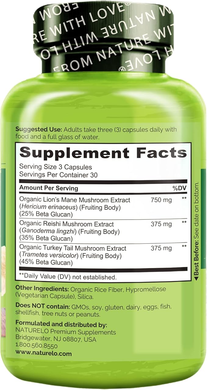 NATURELO Mushroom Supplement Capsules, 90 Ct, Brain & Immune Support, Vegan-Friendly, Lions Mane Supplement Capsules, Lion’s Mane, Reishi, Turkey Tail Blend