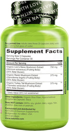 NATURELO Mushroom Supplement Capsules, 90 Ct, Brain & Immune Support, Vegan-Friendly, Lions Mane Supplement Capsules, Lion’s Mane, Reishi, Turkey Tail Blend