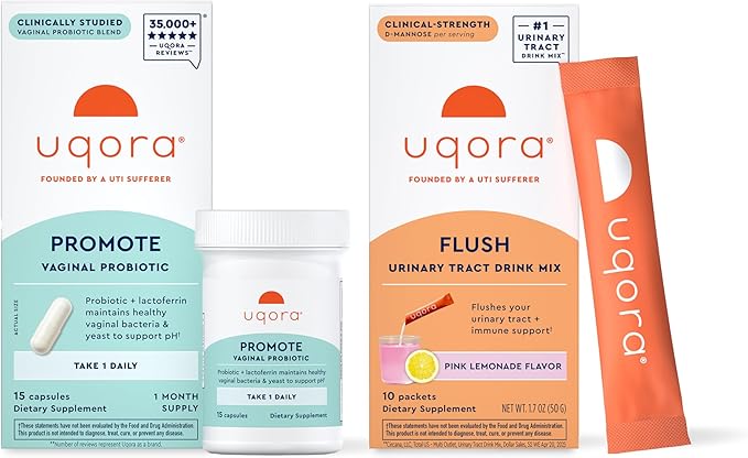 Uqora Promote & Flush Bundle - Vaginal Health* Probiotic with Lactoferrin & Lactobacillus + Urinary Tract* Drink with D-Mannose, Vitamin C, B6, Minerals - Gluten-Free & Vegan