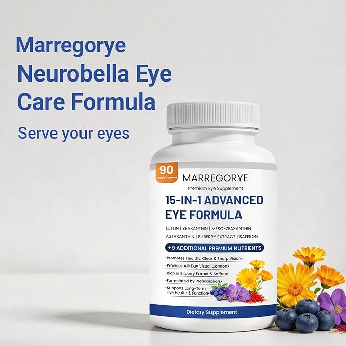 Neurobella Eye Care Formula, 15-in-1 Advanced Eye Care Formula, Eye Nutrition Support Capsules. Contains Lutein, zeaxanthin, Bilberry and Multiple Vitamins. Neurobella Eye Vitamins, 90 Capsules.