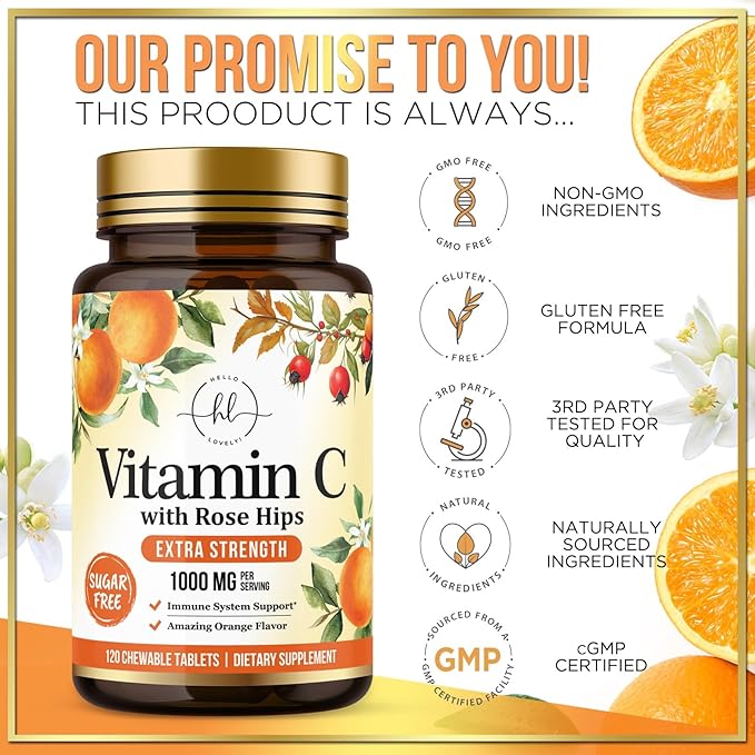 Vitamin C 1000mg Per Serving - Extra Strength with Rose Hips Bioflavonoids - Sugar Free Vitamin C Chewable Pills, Vit C Supplement for Immune Support & Antioxidant, USA Bottled - 120 Chewable Tablets