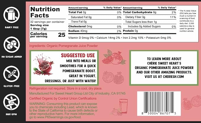 Cherie Sweet Heart USDA Organic Pomegranate Juice Powder, 8 Ounce, Natural Fruit Powder, No Sugar & Additives, Great Flavor for Drinks, Smoothie, & Beverages, Non-GMO & Vegan Friendly