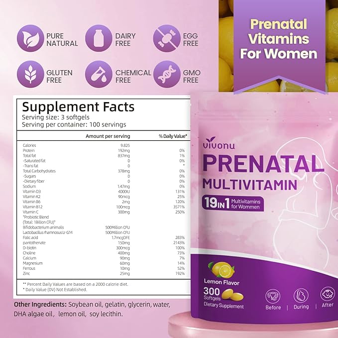 VivoNu 19 in 1 Prenatal Multivitamin, 900 Softgels Prenatal Vitamins, Lemon Flavor, Before, During & Post Pregnancy with Folic Acid, Probiotic, Biotin, Zinc, Vitamin D3, K2, B6, B12, C & More, 3 Bag