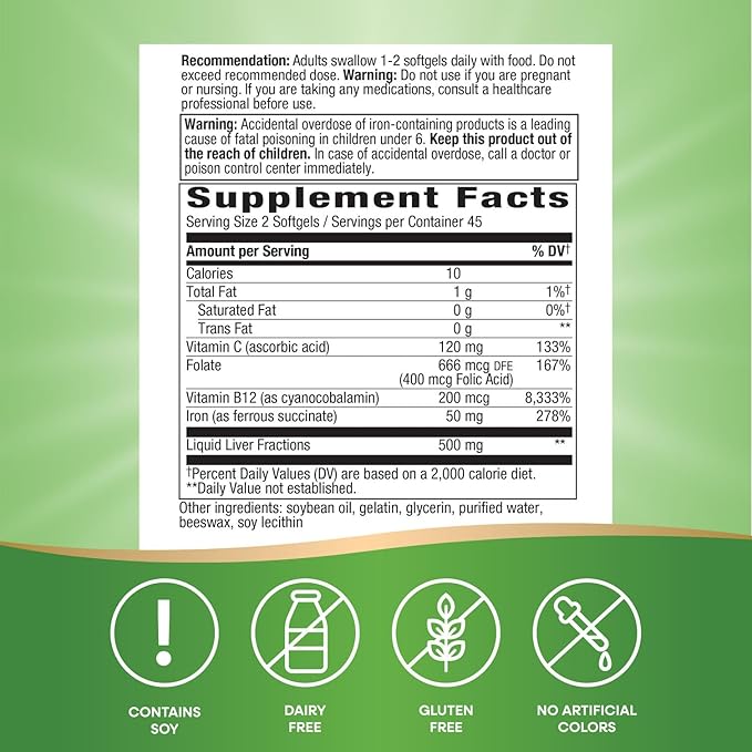 Nature’s Way Ultimate Iron, Supports Healthy Red Blood Cells,* Supports Cellular Energy Production*, 50 mg per 2-Softgel Serving, Gluten-Free, 90 Softgels (Packaging May Vary)