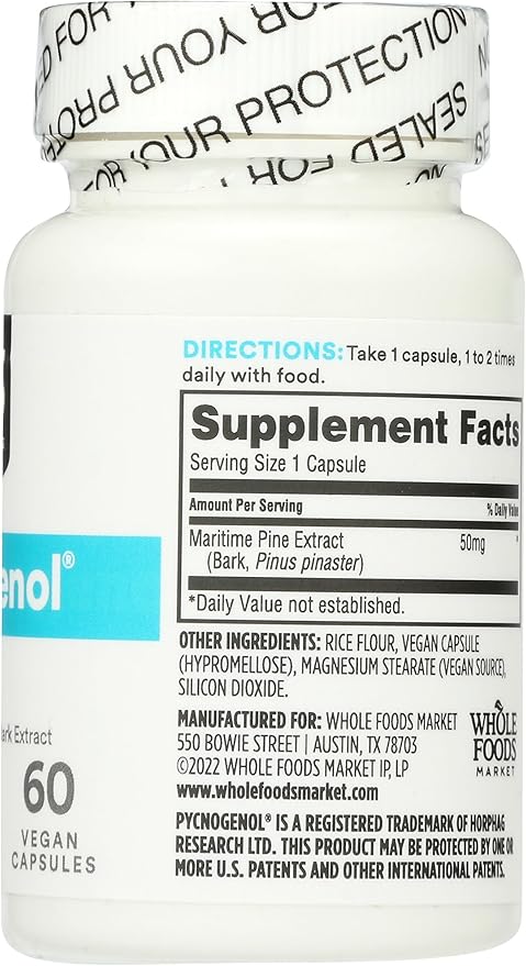 365 by Whole Foods Market, Pycnogenol Maritime Pine Bark Extract, 50mg Vegan Capsules, 60 Count