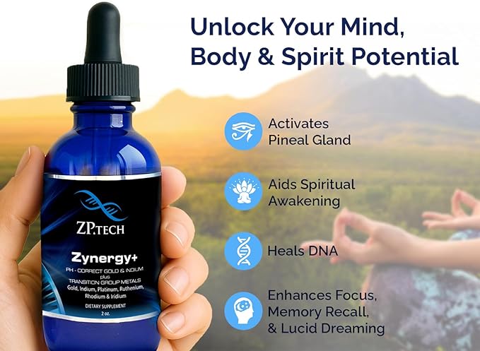 Zynergy Plus Colloidal Gold Liquid | All Natural, Pure Monoatomic 24k Food Grade Mineral Au & Indium | Ormus Gold Oil Supports Pineal Gland, Anti-Aging, Meditation, Yoga, Third Eye