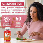 Vitamin B1 Gummies 500mg for Adults & Kids, Thiamine B1 Supplement with Magnesium, Vitamin B1 Supplement for Nervous System Supports & Boost Energy, Raspberry Flavor, 60 Count