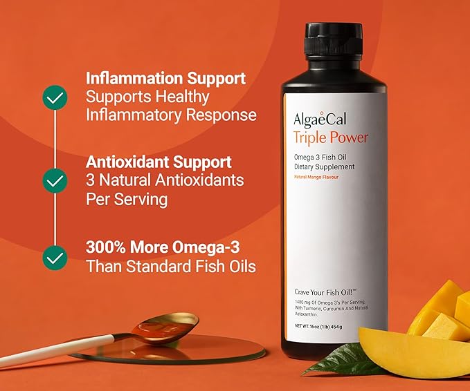 ALGAECAL Triple Power Omega 3 Fish Oil - EPA DHA Omega 3 Supplement 1200mg, Liquid Fish Oil with Turmeric Curcumin & Astaxanthin, Joint Support & Inflammation Relief, Mango Flavor, 16 oz