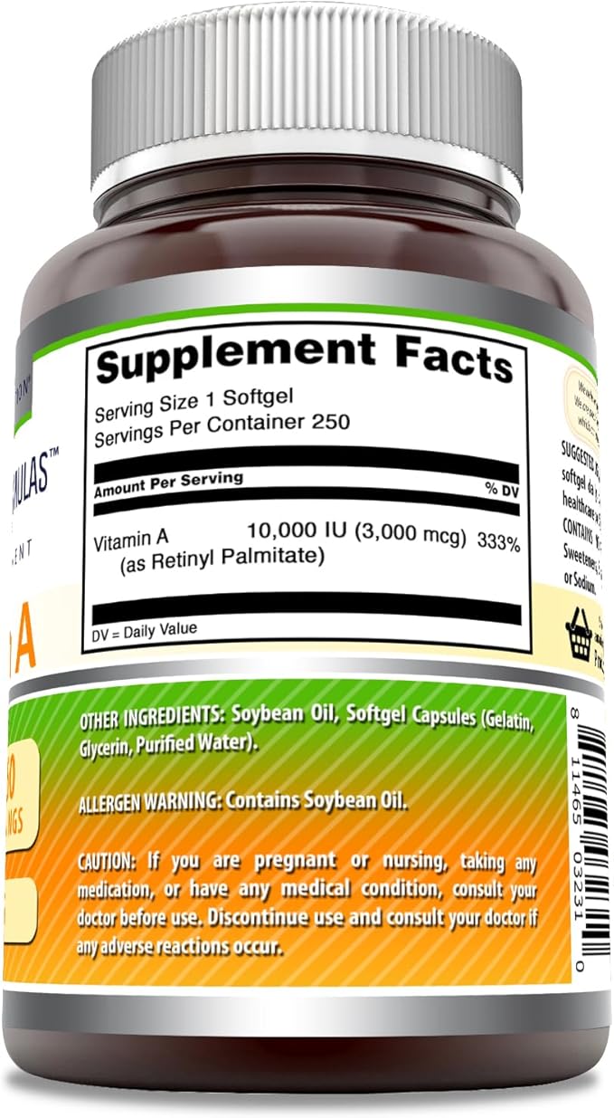 Amazing Formulas Vitamin A 10000 IU Supplement | as Retinyl Palmitate | 3000 Mcg | Softgels | Non-GMO | Gluten Free | Made in USA (1 Pack, 250 Count)