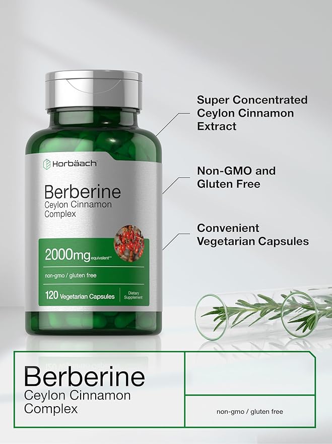 Horbäach Berberine with Ceylon Cinnamon | 120 Veggie Capsules | Vegetarian, Non-GMO & Gluten Free Supplement | Berberine Complex