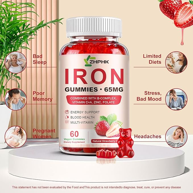 Iron Supplement Gummies, 65mg Iron for Women Men Kids, Natural Vegan Iron Gummy with Folate Gentle on Stomach, Gluten Free, Energy Support & Immune Health, 60 Gummies