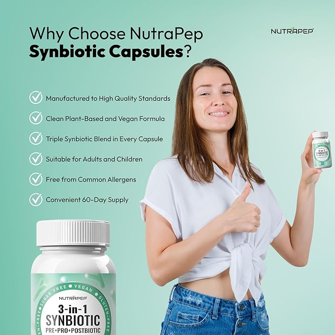 NutraPep Synbiotics Probiotic Prebiotic Postbiotic - Daily Gut Health Support with Pre Pro & Post Biotics for Men Women - Digestive & Immune Support Balance Synbiotic Supplement - Vegan Gluten Free
