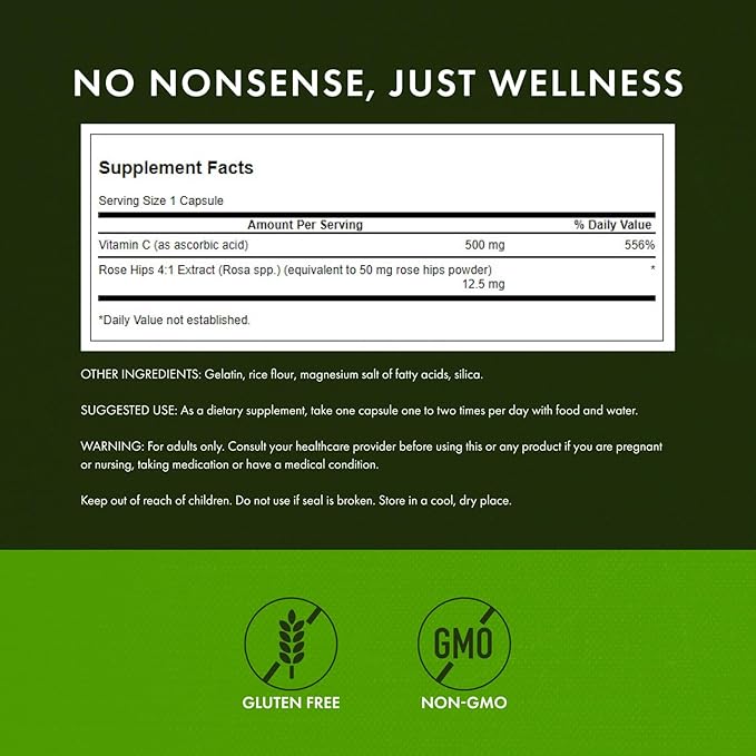 Swanson Vitamin C 500 - Herbal Supplement Promoting Skin Health, Heart Health & Immune System Support - Natural Formula Supporting Defense & Wellness - (250 Capsules, 500mg Each)