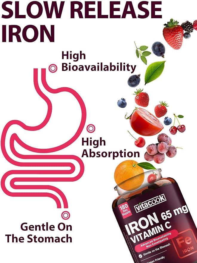 Iron Supplement for Women Men, High Potency Iron 65mg with Vitamin C 250mg, Stomach Friendly Iron Pills for Red Blood Cell & Immune Support, Vegan, Non-GMO & Gluten Free, 180 Tablets
