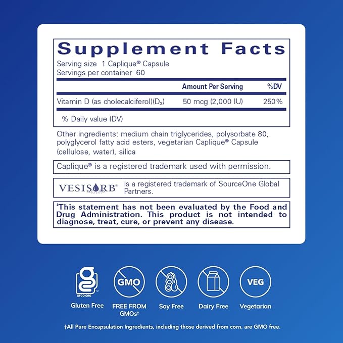 Pure Encapsulations Vitamin D3 VESIsorb | Supplement to Support Bones, Heart, Colon, Breast Health, and Enhanced Vitamin D Absorption* | 60 Caplique Capsules