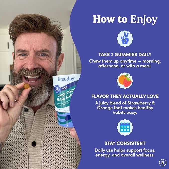 FIRST DAY Men’s Daily Nootropic Brain Supplement Gummies for Focus, Memory & Mental Energy | with Cognizin® Citicoline, Phosphatidylserine & Natural Caffeine | Vegan, Allergen-Free | 30-Day Supply