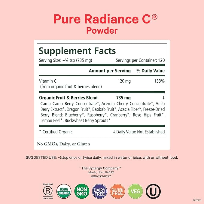 Pure Synergy Pure Radiance C | Organic Vitamin C Powder | 100% Natural, Whole Food, Non-GMO Supplement with Organic Camu Camu| for Immune and Collagen Support (3.1 oz Powder)