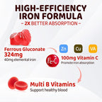Iron Gummies for Women Teen Girls, Ferrous Gluconate 324 mg with Vitamin C, Iron Supplement Plus Vitamin A, B, Folate, Copper, Zinc, Energy & Blood Support, Immune Health, Sugar Free 60 Gummies