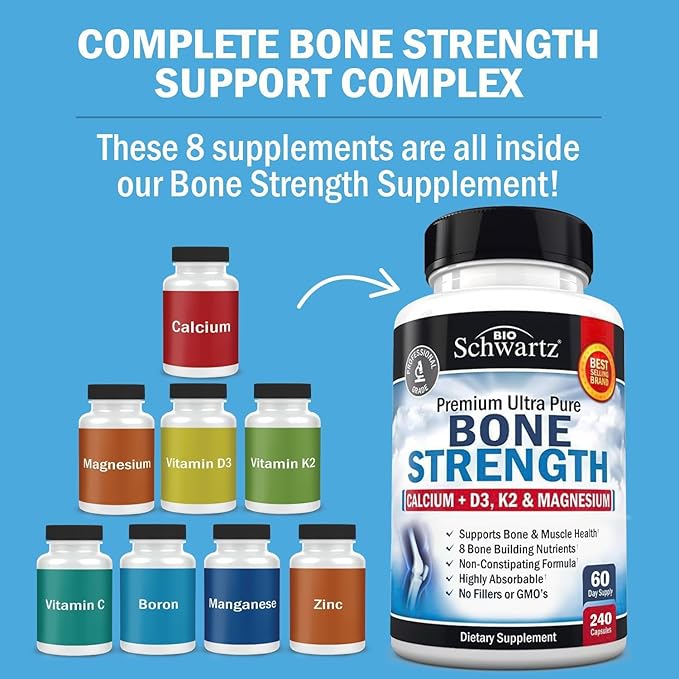 BioSchwartz Bone Strength Supplement - Gentle Non-Constipating Bone Health Supplement for Women & Men with 9-in-1 Complex with Calcium Magnesium Zinc D3 K2 & More - 3rd Party Tested - 2 Months