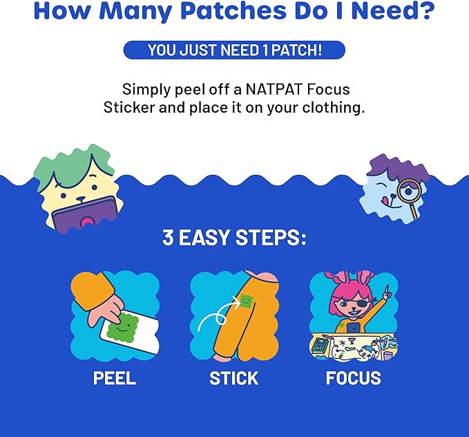 NATPAT Focus Patch Focus Enhancing Stickers for Kids and Adults - Healthy Brain Supports for Attention, Focus, and Concentration - Chemical and Drug Free - 24 Count - BuzzPatch Natural Patch