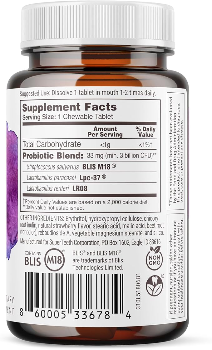 SuperTeeth Oral Probiotics for Mouth Bad Breath & Cavities, Oral Defense Dental Probiotic to Support Healthy Teeth & Gums, Lactobacillus Reuteri Chewable for Kids & Adults, 60 Strawberry Tablets