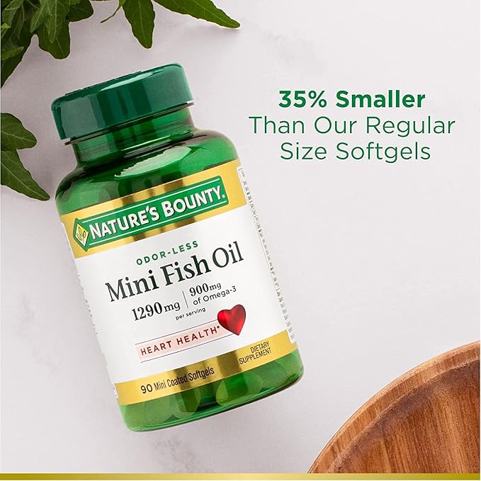 Nature's Bounty Mini Fish Oil Softgels 1290 mg, Omega-3, Supports Heart Health, Odor-Less, 90 Mini Coated Softgels - Pack of 2