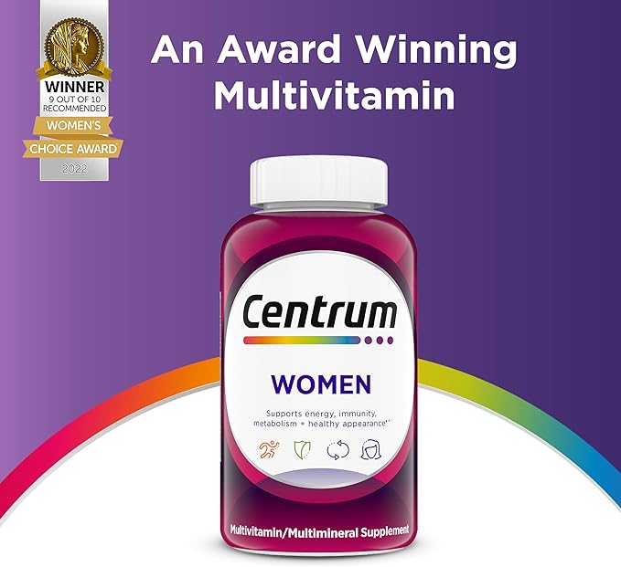 Centrum Multivitamin Tablet for Women, Multivitamin/Multimineral Supplement with Iron, Vitamin D3, B Vitamins and Antioxidant Vitamins C and E, Gluten Free, Non-GMO Ingredients - 200 Count