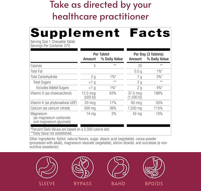 Bariatric Advantage Calcium Citrate Chewable 500 mg - for Bariatric Surgery Patients - High-Potency, Easy-Digest Tablets - Calcium Citrate - Bone Strength Supplements* - Chocolate - 270 Count