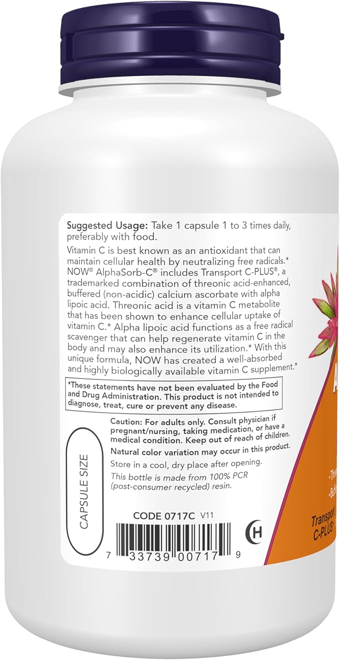 NOW Foods Supplements, AlphaSorb-C™ 500 mg with Threonic Acid & Alpha Lipoic Acid Enhanced, 180 Veg Capsules