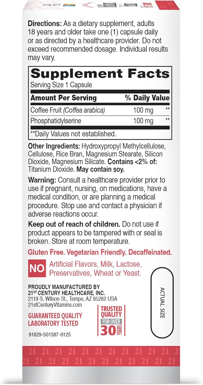 21st Century Brilliant Brain Performance Capsules, (30 Count), Cognitive Health Support, Contains Plant-Sourced Phosphatidylserine & Nootropic Coffee Fruit Extract, Decaf & Gluten Free