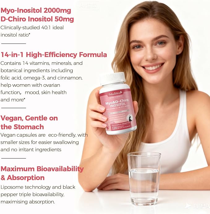 Mulittea Myo-Inositol & D-Chiro Supplement for Women - 14-in-1 Liposomal Inositol with Folic Acid,Omega-3 & Multivitamin for Hormone Balance,Support Ovarian,Skin & Mood- 40:1 Vegan 120 Capsules