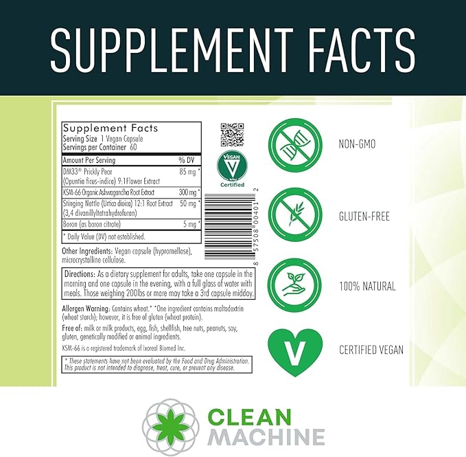 CLEAN MACHINE Cell Block 80 - Natural Vegan Testosterone Support Supplement, Estrogen, DHT & Cortisol Blocker - Prostate Health Supplement with KSM-66 Ashwagandha - 60 Veggie caps