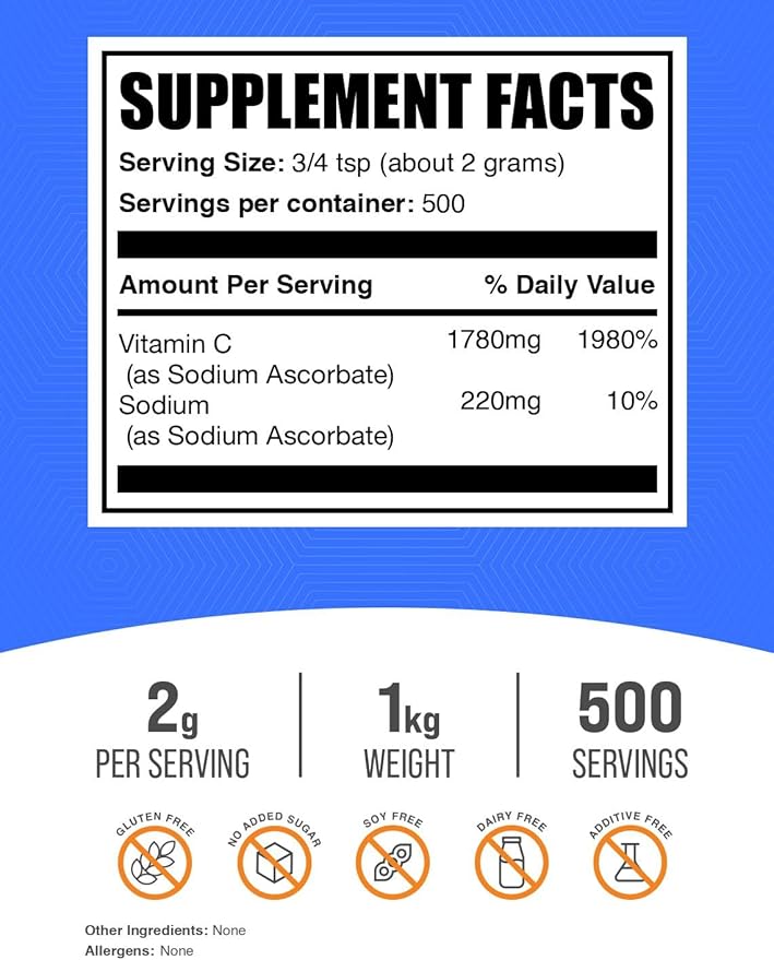 BulkSupplements.com Sodium Ascorbate Powder - for Immune Support, Sodium Ascorbate Vitamin C - Buffered Vitamin C, Gluten Free, 2g per Serving, 1kg (2.2 lbs) (Pack of 1)