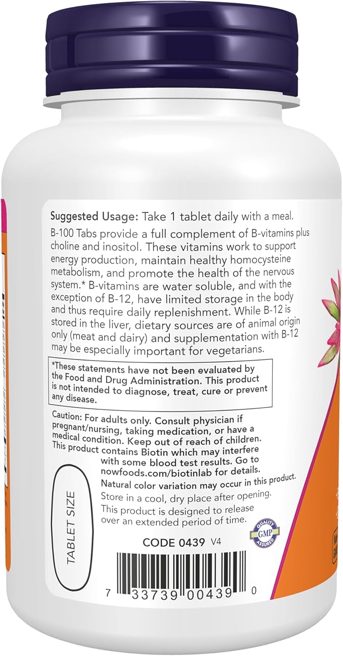 NOW Foods Supplements, Vitamin B-100, Sustained Release, Energy Production*, Nervous System Health*, 100 Tablets