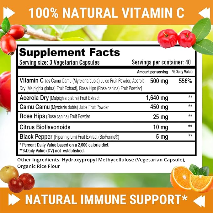 Fresh Healthcare Whole Food Vitamin C 500mg - Natural Supplement from Rose Hips, Acerola Cherry & Camu Camu - with Citrus Bioflavonoids for Immune Support - 120 Vegan Capsules