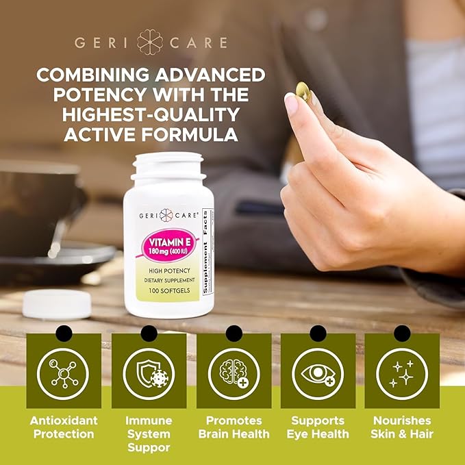 GeriCare High-Potency Vitamin E Softgels – 400 IU for Skin & Immune Support, 180mg | 100 Count | Organic Capsules Vitamin E for Women and Men (Pack of 2)