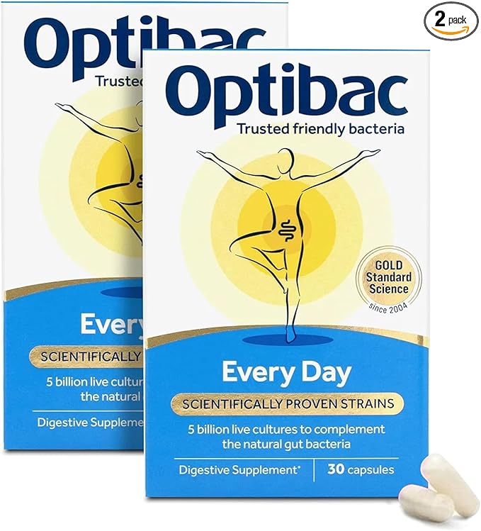 OptiBac Probiotics for Digestive Health, 30 Capsules Pack of 2 | 6 Scientifically Researched Strains with 5 Billion Live Cultures | Gluten Free & Vegetarian | Supports Gut Flora & Digestive Health