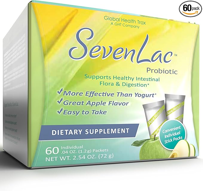 Global Health Trax SevenLac Apple Probiotic Powder Drink Mix, Probiotics for Women, Men, and Kids – Smooth Digestive Support - Relieves Constipation and Gas – 60 Packets, 2.54 Oz, Non-GMO, Gluten-Free